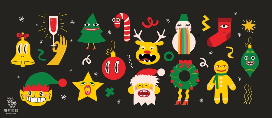 圣诞节圣诞老人圣诞树姜饼屋平安夜元素贴纸图案AI矢量设计素材【003】